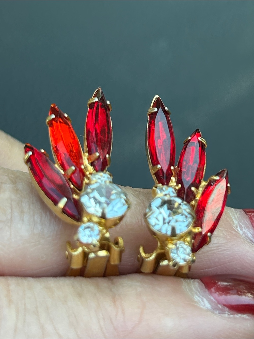 1950s-1960s Gold-Plated Red Navette glass Clip-On Earrings